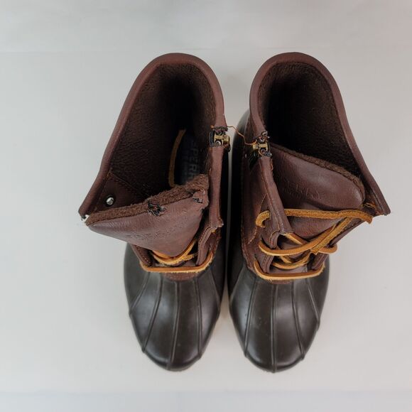 Sperry Duck Boots Girls 4 Topsides Saltwater Brown Leather Side Zip YG55362 - Picture 5 of 14